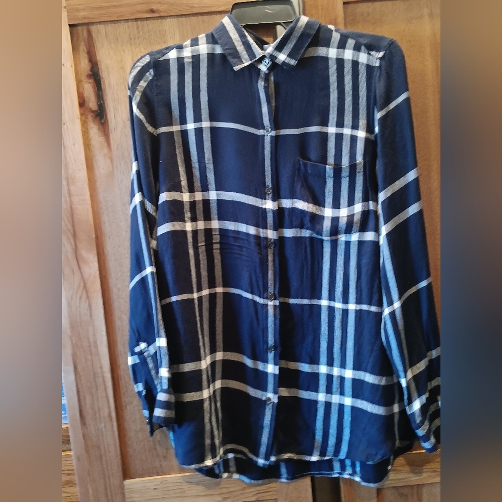 Navy Blue Plaid Casual Button Down Shirt